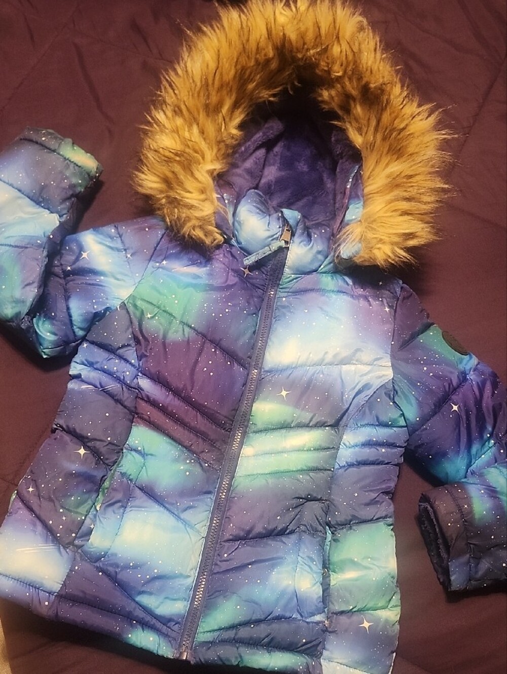 Madden Girl Blue Galaxy Print Puffer Jacket with Faux Fur Trim - Picture 3 of 4
